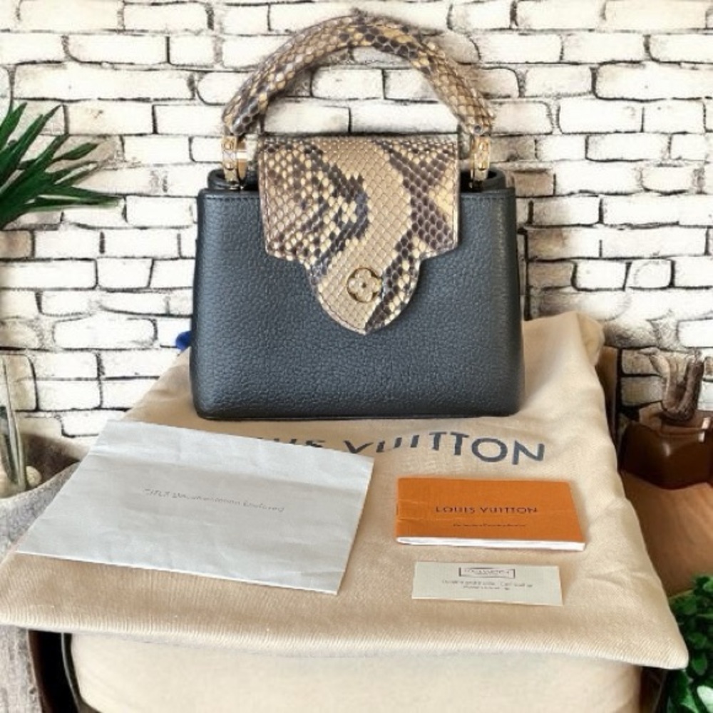 Louis Vuitton Capucines PM Black Calfskin Python Trim Gold Hardware Top Handle B